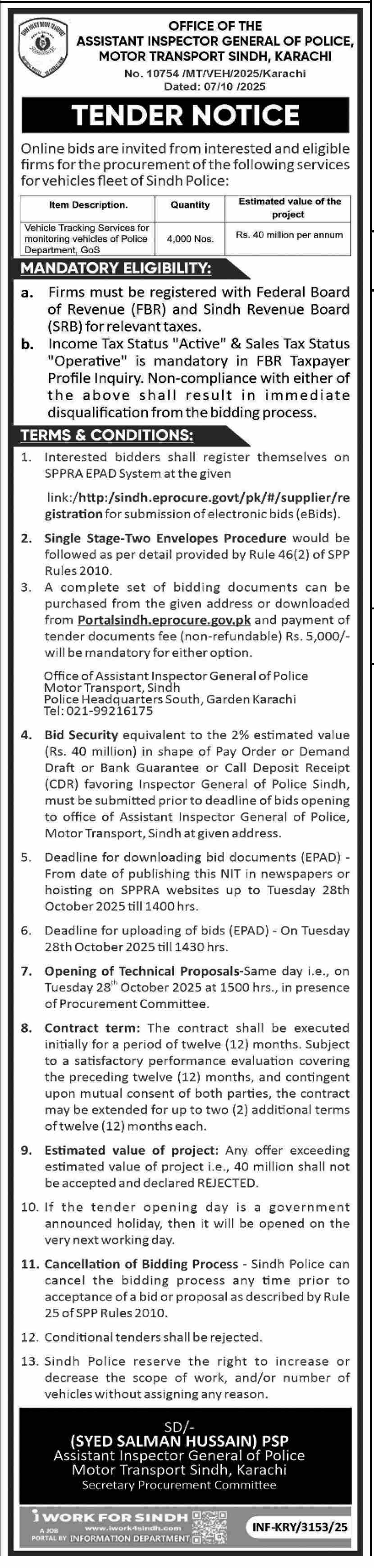 Police Department Karachi Tender Notice